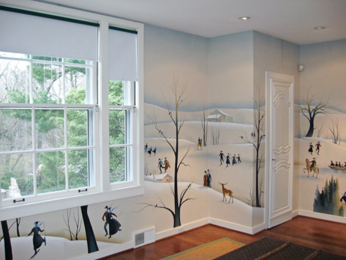 Custom painted winter landscape mural with skaters wrapping a sunlit corner room