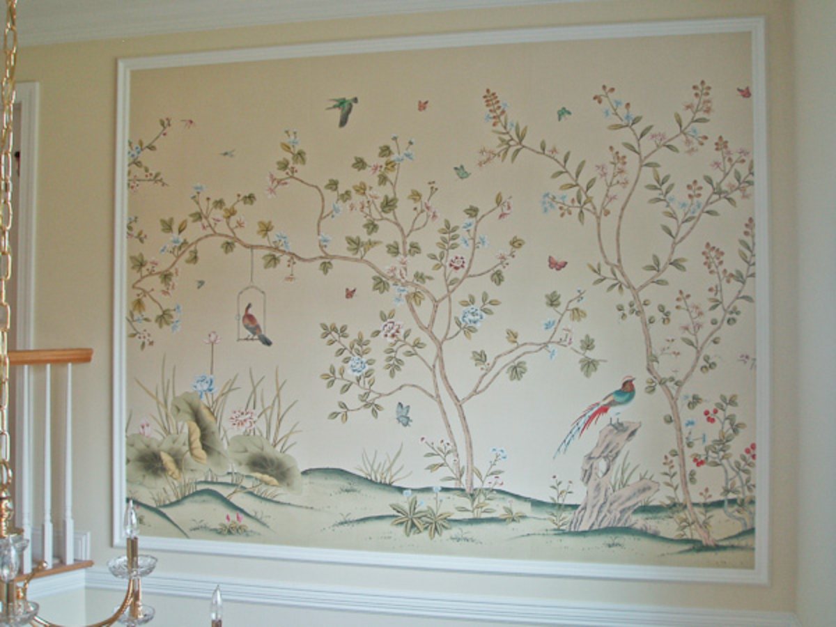 Framed hand-painted silk mural panel of trees and birds above a stair landing