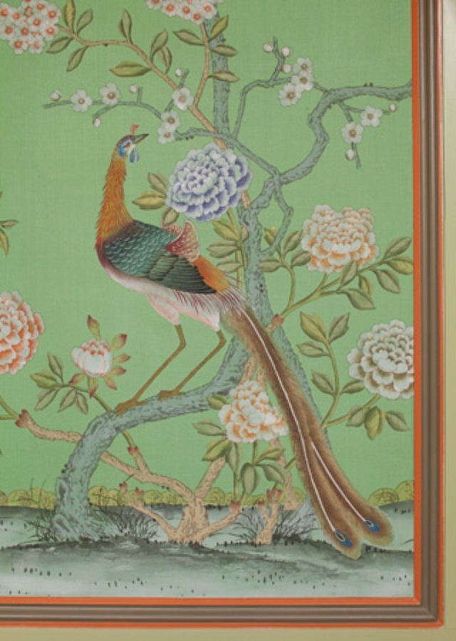 Close detail of a hand-painted pheasant and peonies on a green silk mural panel
